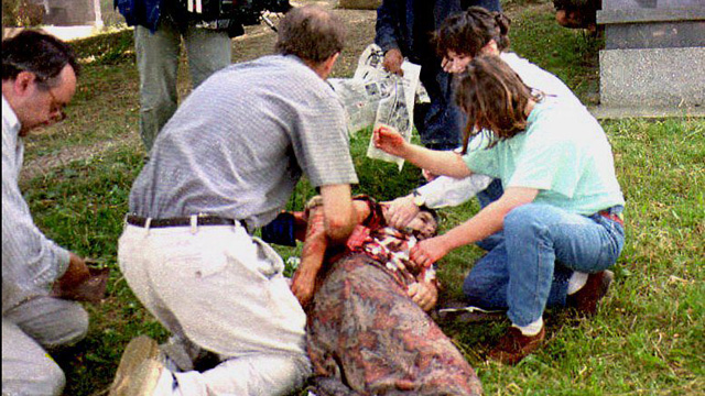 An attack on a cemetery witnessed by BBC reporter Jeremy Bowen