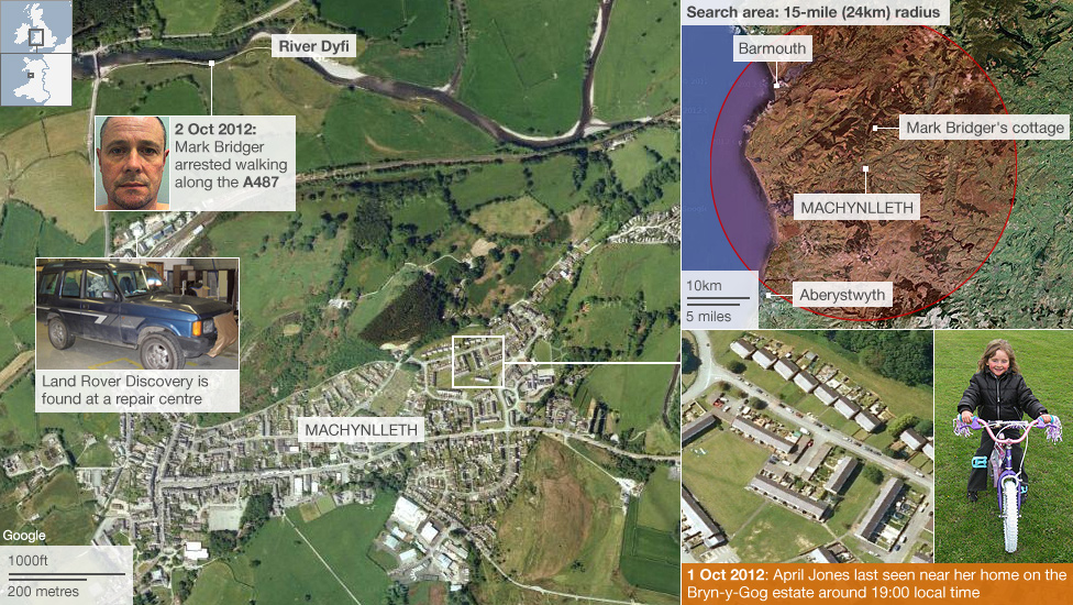 Map showing where April Jones was last seen and the location of Mark Bridger's arrest