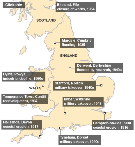 Map showing abandoned villages in the UK