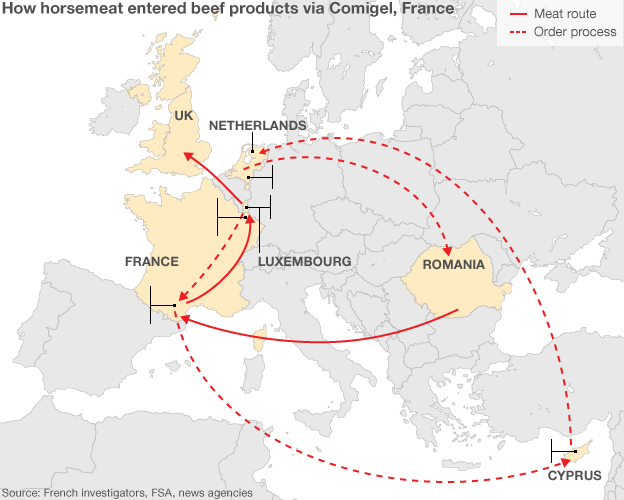 Map of route of horsemeat to the UK