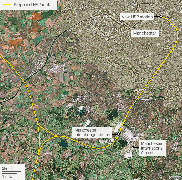 Satellite image of Greater Manchester showing the route of the new high-speed rails link