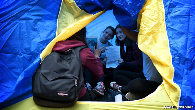 Young women in a tent