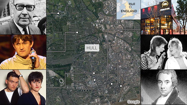 Satellite image of Hull with thumbnails of famous residents