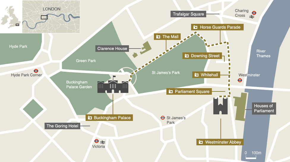 map of London shpwing the route of the royal wedding and various points of interest