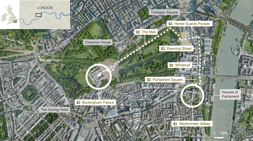 Satellite map of London shpwing the route of the royal wedding and various points of interest