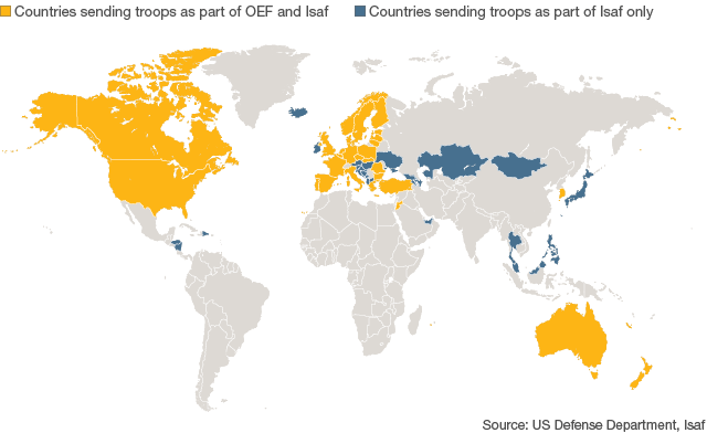 Map showing countries that have sent troops or reconstruction teams to Afghanistan since 2001