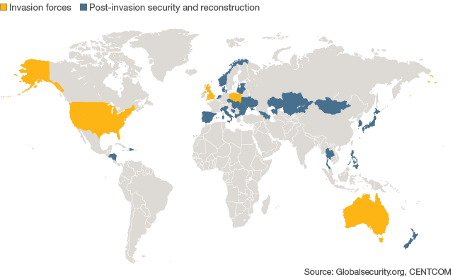 Map showing countries who have sent troops or reconstruction teams to Iraq since 2003