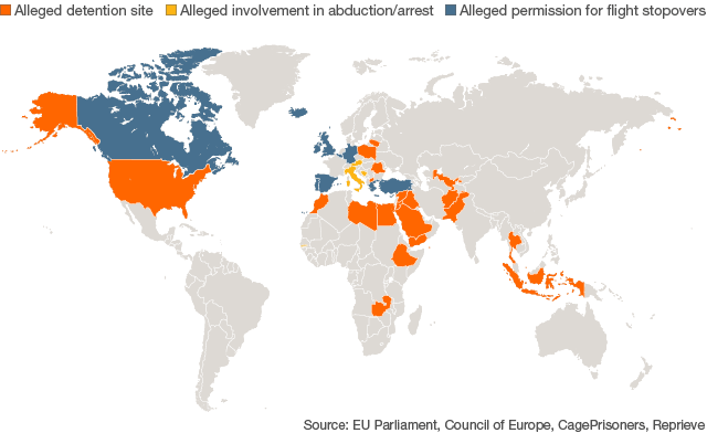 Map showing countries reported to have been involved US extraordinary rendition operations